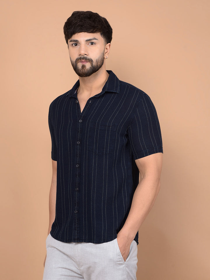 Navy Blue Vertical Stripes 100% Cotton Shirt-Men Shirts-Crimsoune Club