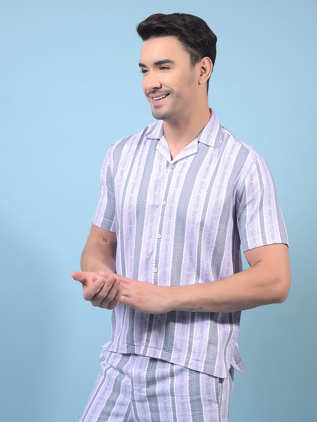 Men's Purple Vertical Stripes Resort Collar Shirt-Men Shirts-Crimsoune Club