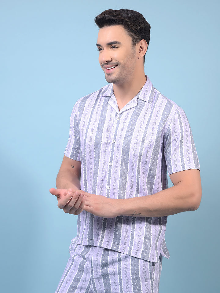 Men's Purple Vertical Stripes Resort Collar Shirt-Men Shirts-Crimsoune Club
