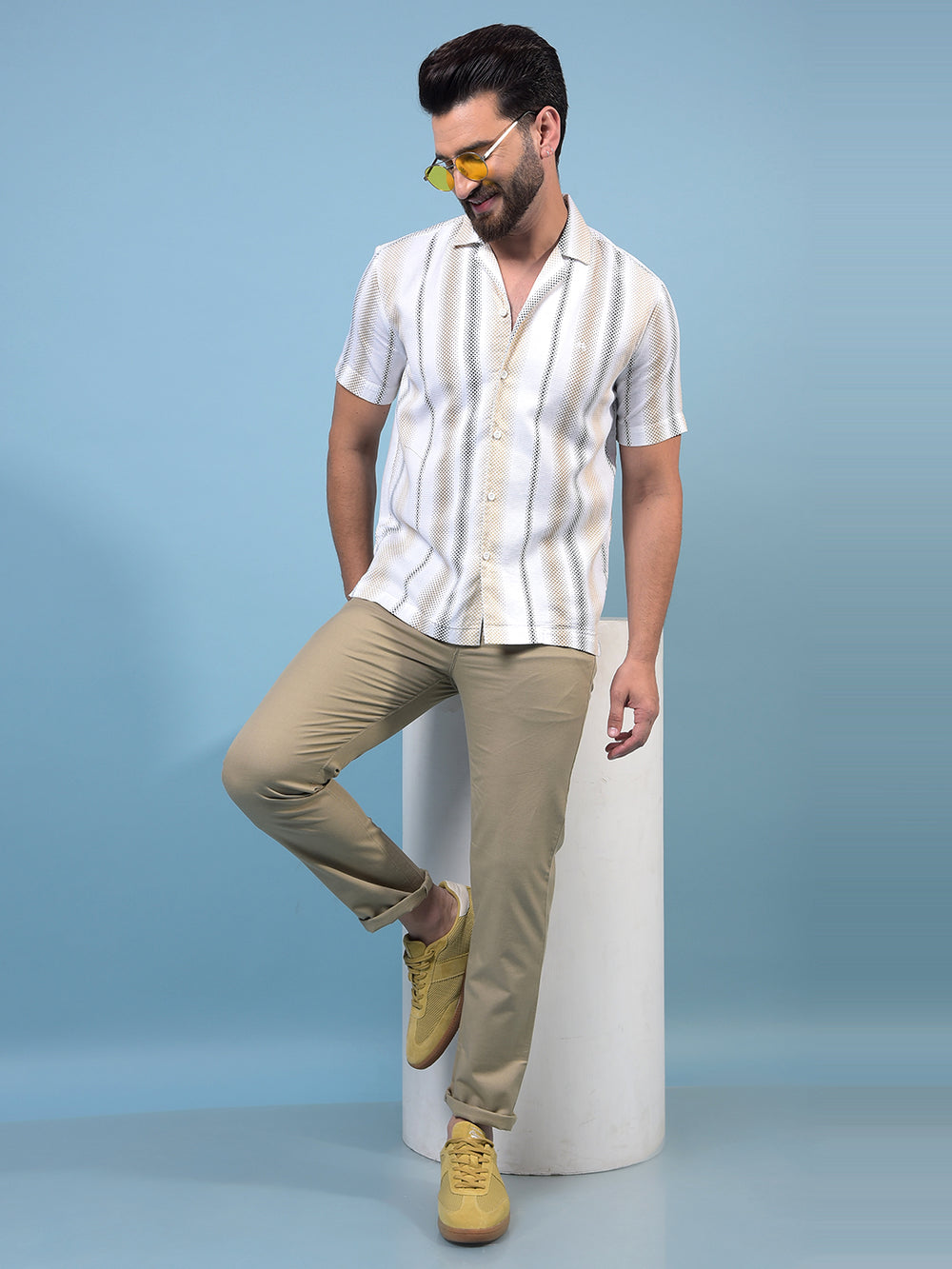 Men's Multi-Color Vertical Stripes Resort Collar 100% Cotton Shirt-Men Shirts-Crimsoune Club