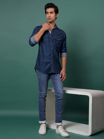 Blue 100% Cotton Denim Shirt-Men Shirts-Crimsoune Club