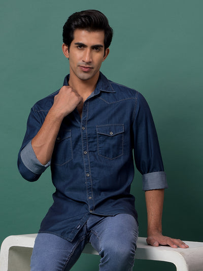 Blue 100% Cotton Denim Shirt-Men Shirts-Crimsoune Club