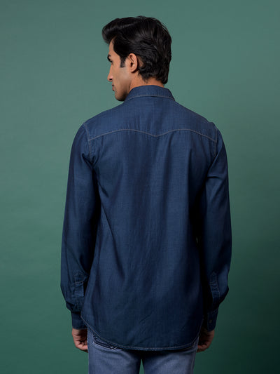 Blue 100% Cotton Denim Shirt-Men Shirts-Crimsoune Club