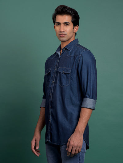 Blue 100% Cotton Denim Shirt-Men Shirts-Crimsoune Club