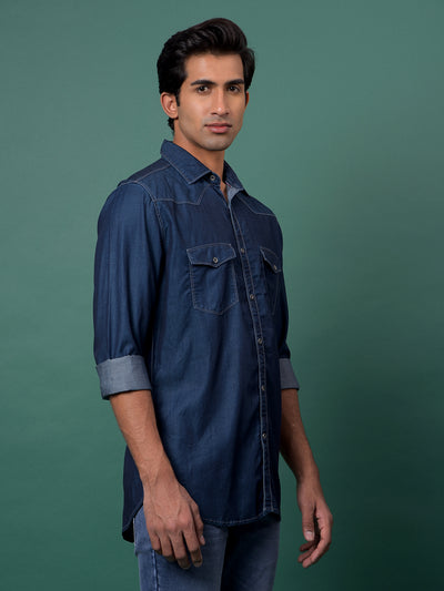 Blue 100% Cotton Denim Shirt-Men Shirts-Crimsoune Club
