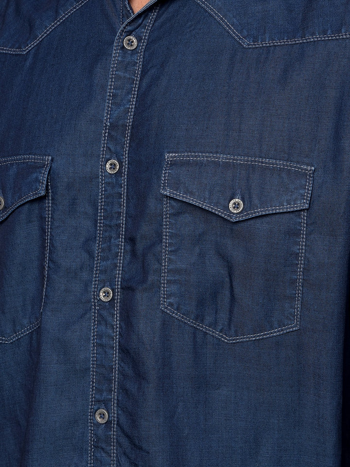 Blue 100% Cotton Denim Shirt-Men Shirts-Crimsoune Club
