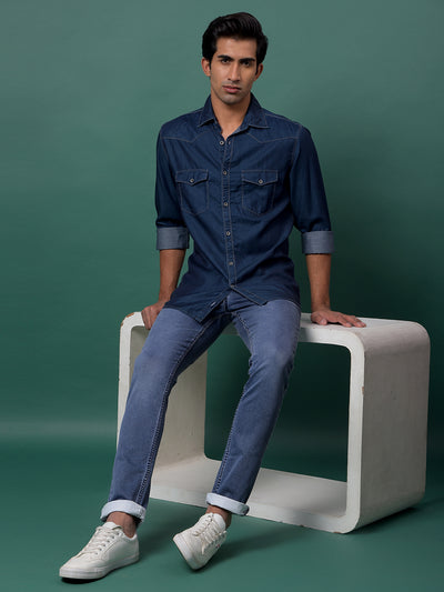 Blue 100% Cotton Denim Shirt-Men Shirts-Crimsoune Club