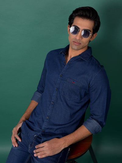 Blue 100% Cotton Denim Shirt-Men Shirts-Crimsoune Club