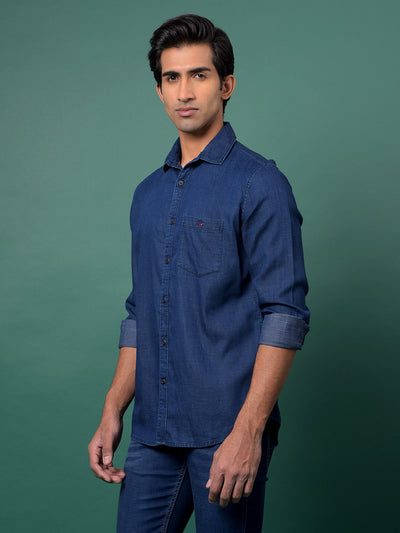 Blue 100% Cotton Denim Shirt-Men Shirts-Crimsoune Club
