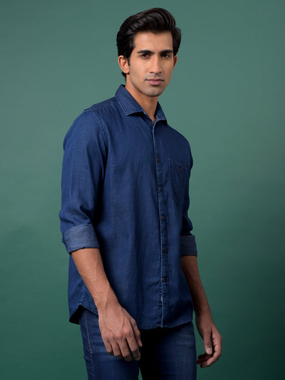 Blue 100% Cotton Denim Shirt-Men Shirts-Crimsoune Club