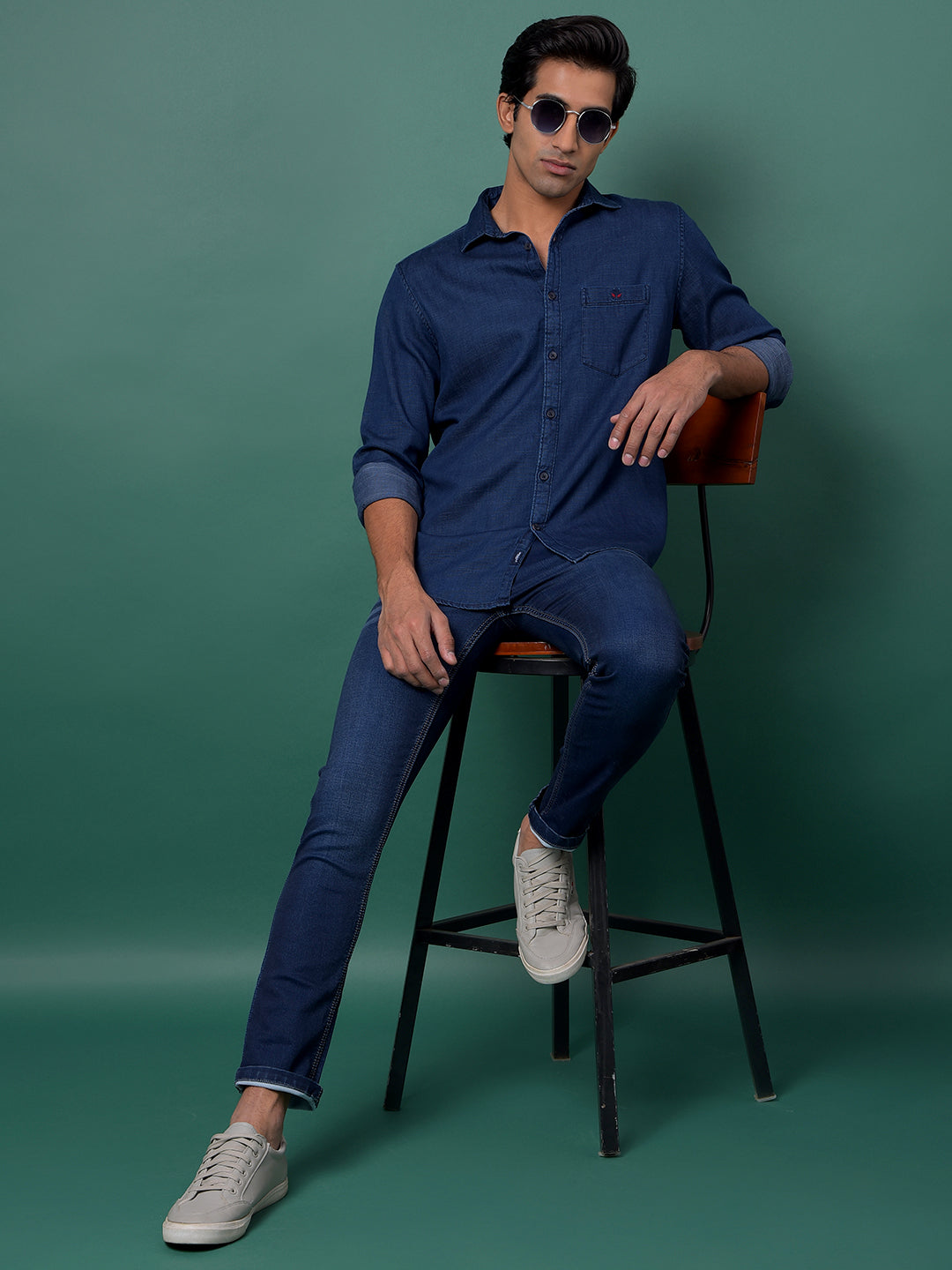 Blue 100% Cotton Denim Shirt-Men Shirts-Crimsoune Club