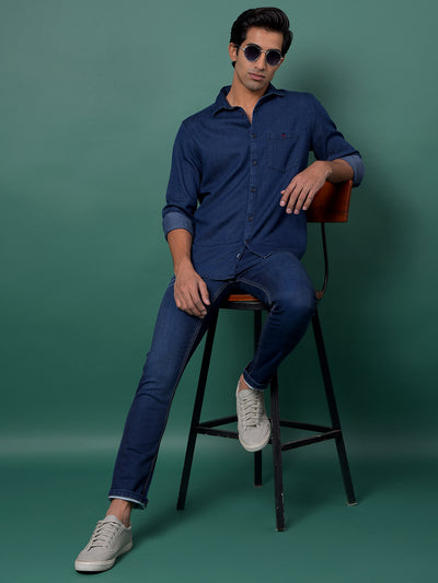 Blue 100% Cotton Denim Shirt-Men Shirts-Crimsoune Club