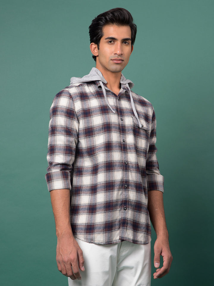 Brown Checked 100% Cotton Hooded Neck Shirt-Men Shirts-Crimsoune Club