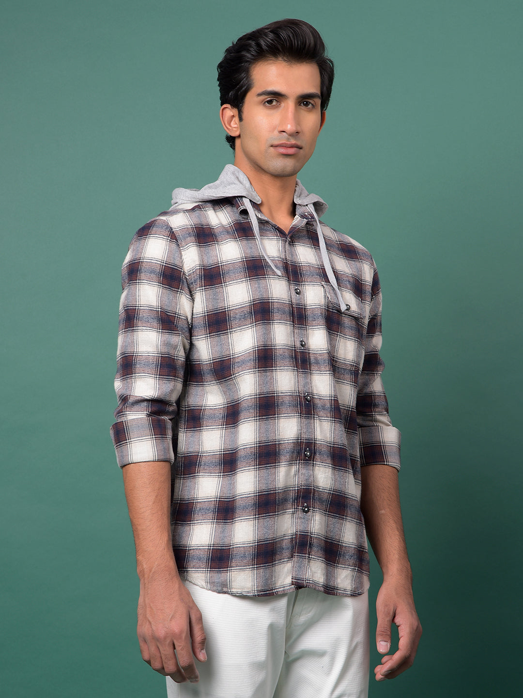 Brown Checked 100% Cotton Hooded Neck Shirt-Men Shirts-Crimsoune Club