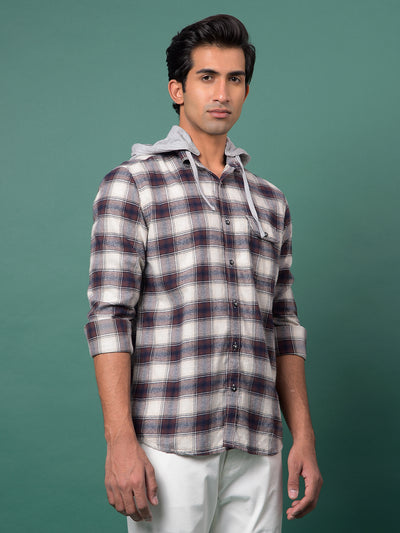 Brown Checked 100% Cotton Hooded Neck Shirt-Men Shirts-Crimsoune Club