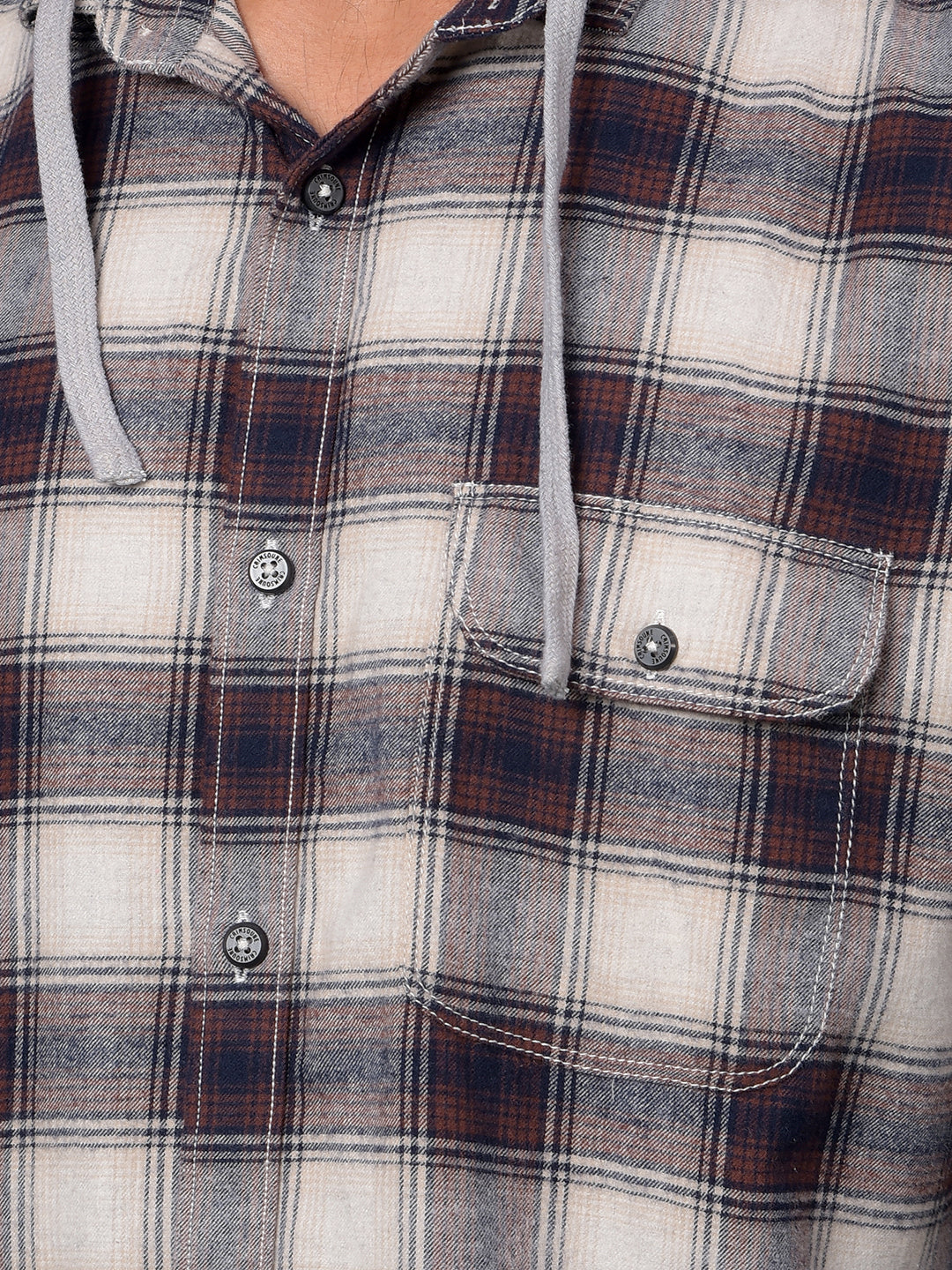 Brown Checked 100% Cotton Hooded Neck Shirt-Men Shirts-Crimsoune Club