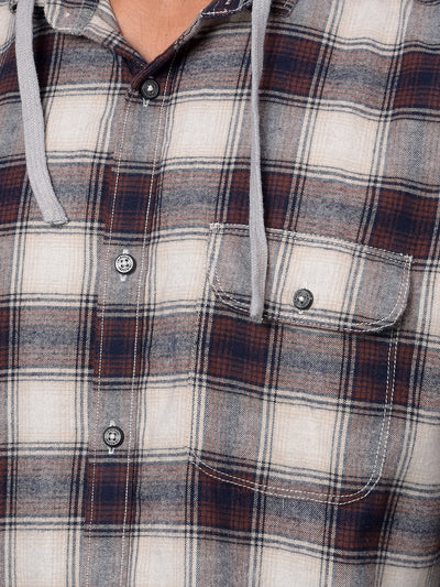 Brown Checked 100% Cotton Hooded Neck Shirt-Men Shirts-Crimsoune Club