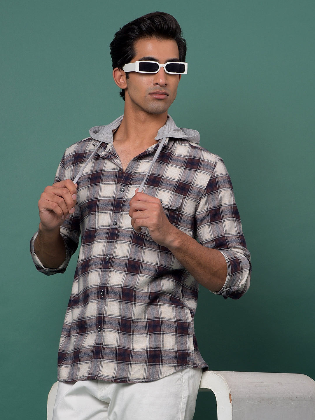 Brown Checked 100% Cotton Hooded Neck Shirt-Men Shirts-Crimsoune Club