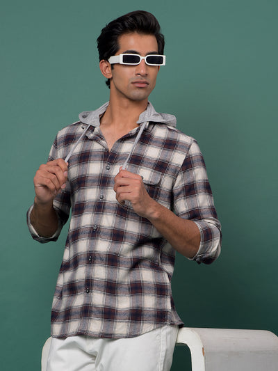 Brown Checked 100% Cotton Hooded Neck Shirt-Men Shirts-Crimsoune Club