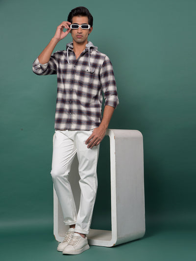 Brown Checked 100% Cotton Hooded Neck Shirt-Men Shirts-Crimsoune Club