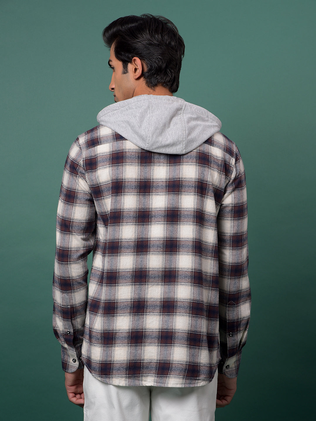Brown Checked 100% Cotton Hooded Neck Shirt-Men Shirts-Crimsoune Club
