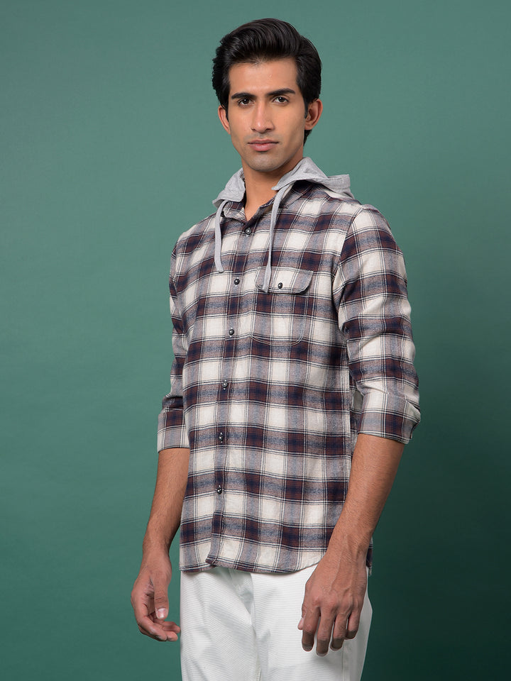 Brown Checked 100% Cotton Hooded Neck Shirt-Men Shirts-Crimsoune Club