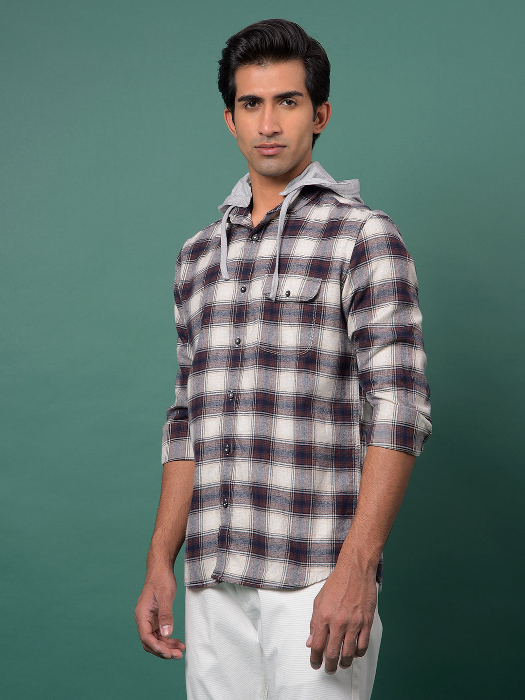 Brown Checked 100% Cotton Hooded Neck Shirt-Men Shirts-Crimsoune Club