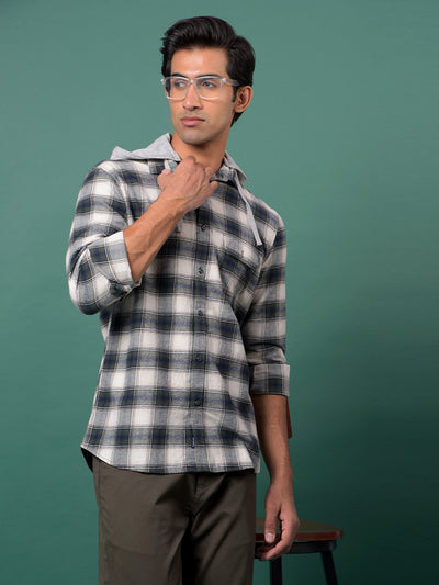 Green Checked 100% Cotton Hooded Neck Shirt-Men Shirts-Crimsoune Club