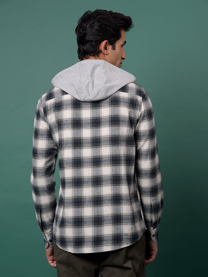 Green Checked 100% Cotton Hooded Neck Shirt-Men Shirts-Crimsoune Club