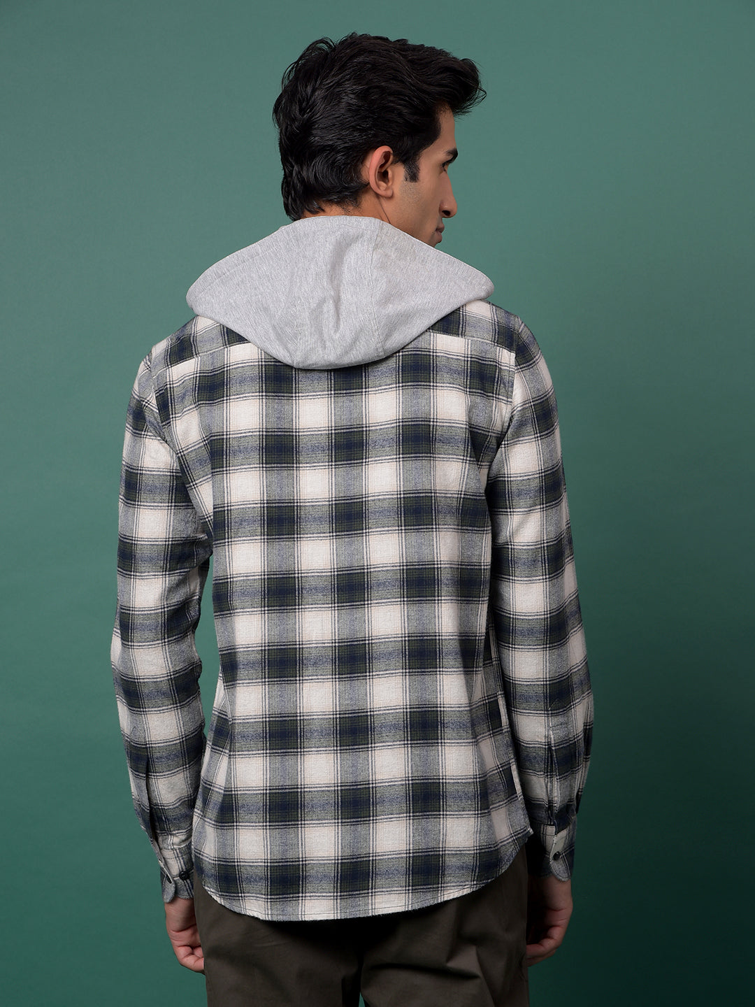 Green Checked 100% Cotton Hooded Neck Shirt-Men Shirts-Crimsoune Club