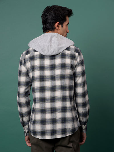 Green Checked 100% Cotton Hooded Neck Shirt-Men Shirts-Crimsoune Club