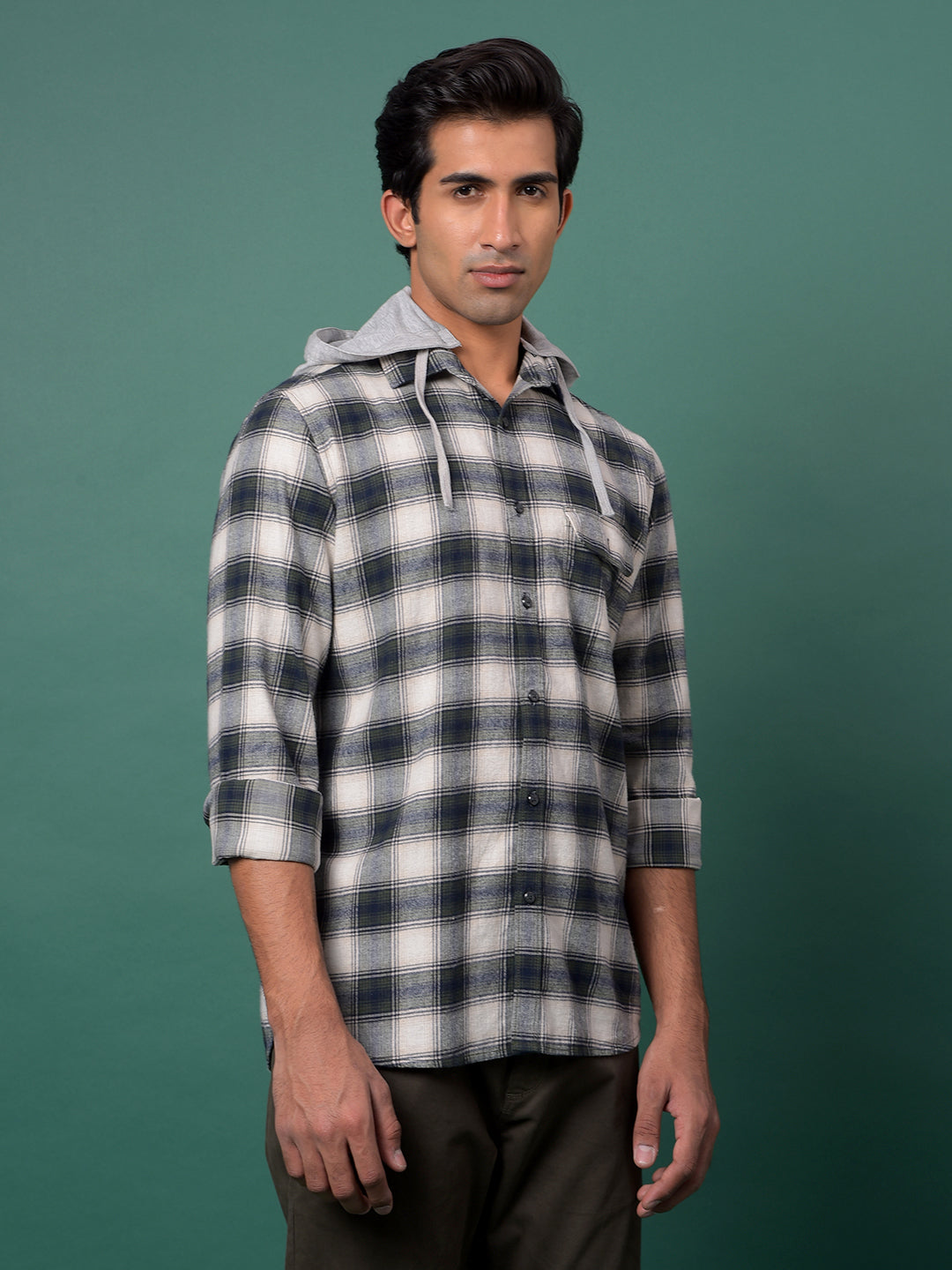 Green Checked 100% Cotton Hooded Neck Shirt-Men Shirts-Crimsoune Club
