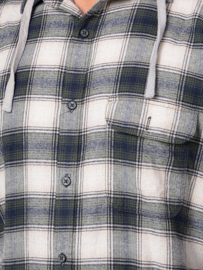 Green Checked 100% Cotton Hooded Neck Shirt-Men Shirts-Crimsoune Club