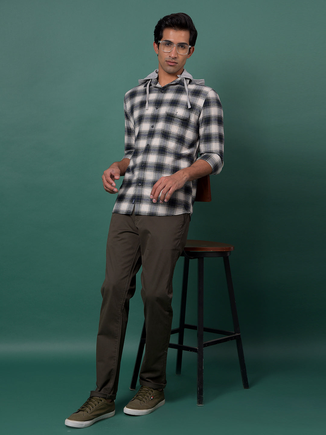 Green Checked 100% Cotton Hooded Neck Shirt-Men Shirts-Crimsoune Club