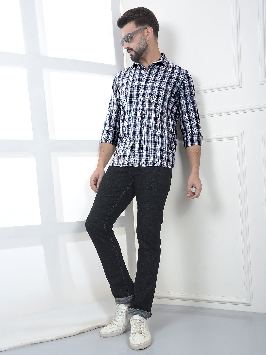Crest Azure Blue Checked 100% Cotton Shirt-Men Shirts-Crimsoune Club