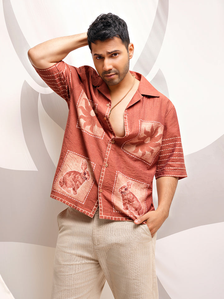Maroon Printed Resort-Collar Shirt-Men Shirts-Crimsoune Club
