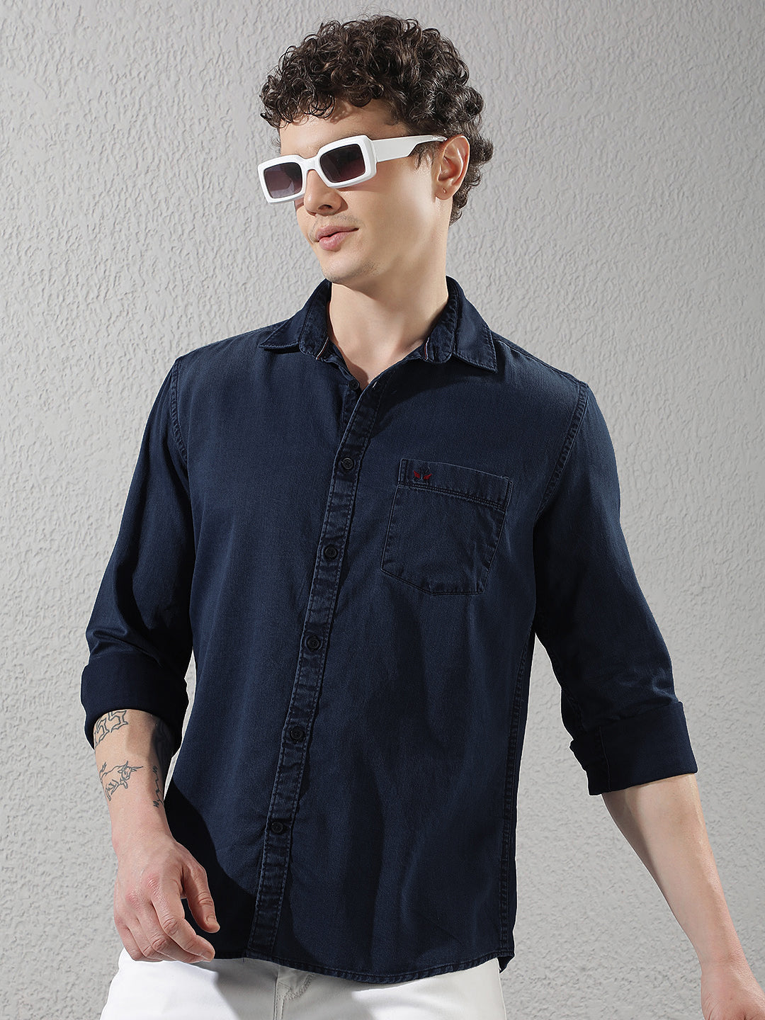 Navy Blue 100% Cotton Denim Shirt-Men Shirts-Crimsoune Club