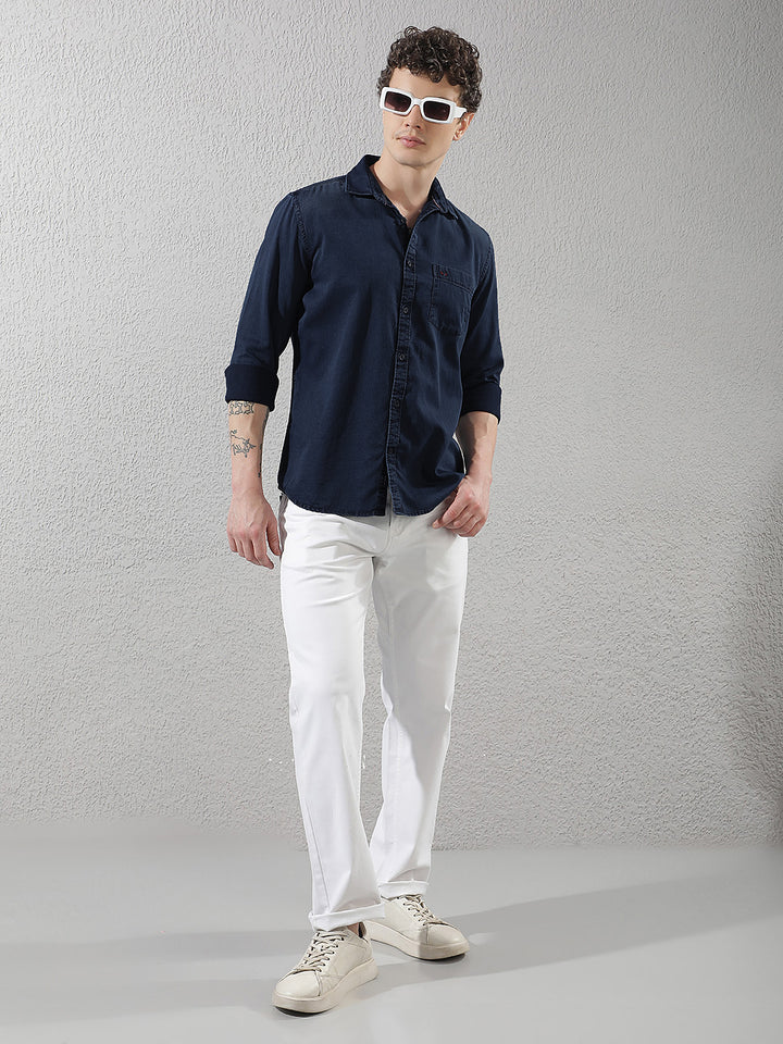 Navy Blue 100% Cotton Denim Shirt-Men Shirts-Crimsoune Club