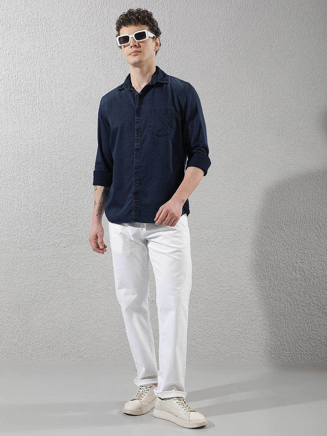 Navy Blue 100% Cotton Denim Shirt-Men Shirts-Crimsoune Club
