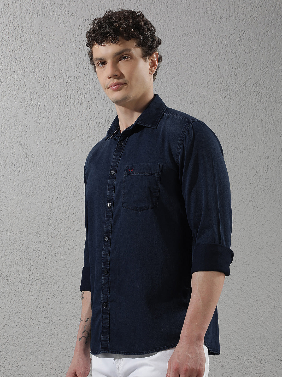 Navy Blue 100% Cotton Denim Shirt-Men Shirts-Crimsoune Club