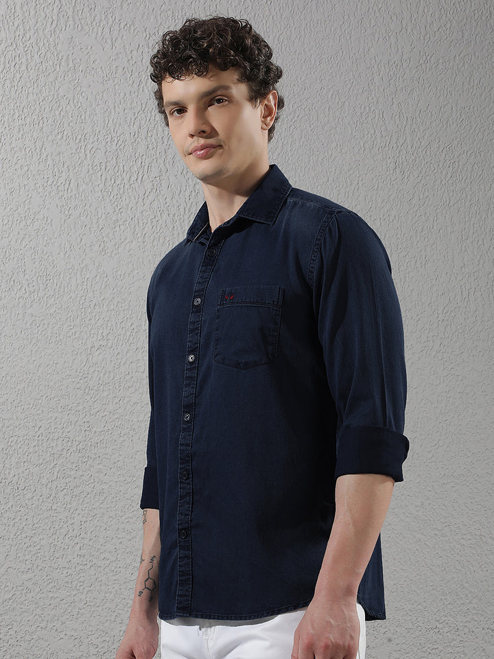 Navy Blue 100% Cotton Denim Shirt-Men Shirts-Crimsoune Club