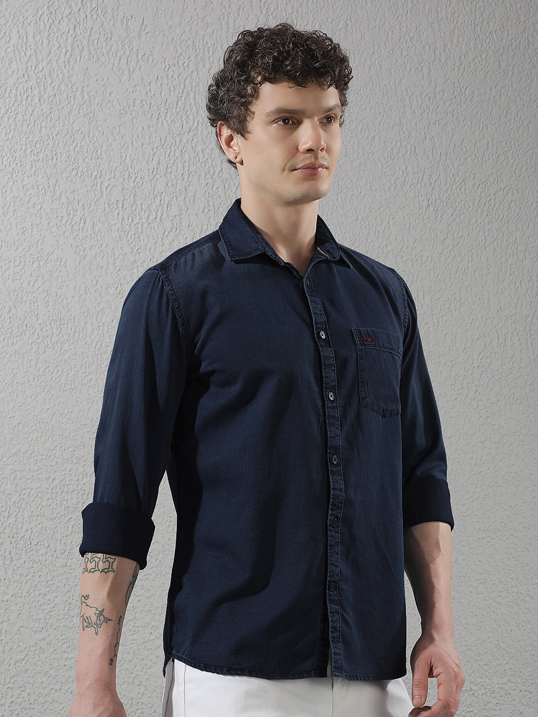 Navy Blue 100% Cotton Denim Shirt-Men Shirts-Crimsoune Club
