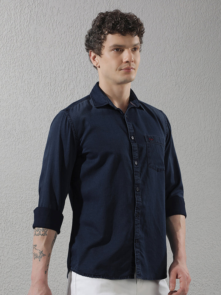 Navy Blue 100% Cotton Denim Shirt-Men Shirts-Crimsoune Club