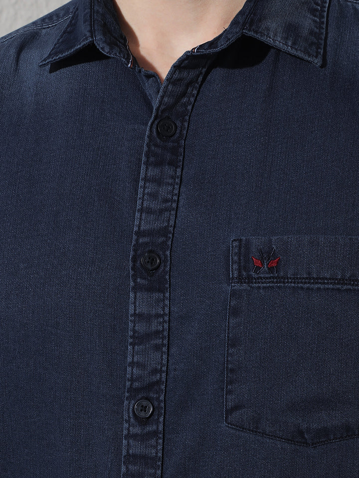 Navy Blue 100% Cotton Denim Shirt-Men Shirts-Crimsoune Club