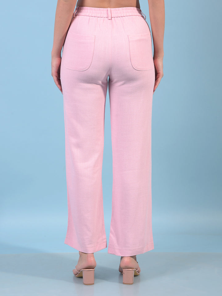Women's Pink Linen Straight Trousers-Women Trousers-Crimsoune Club