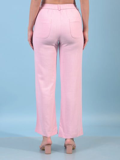 Women's Pink Linen Straight Trousers-Women Trousers-Crimsoune Club