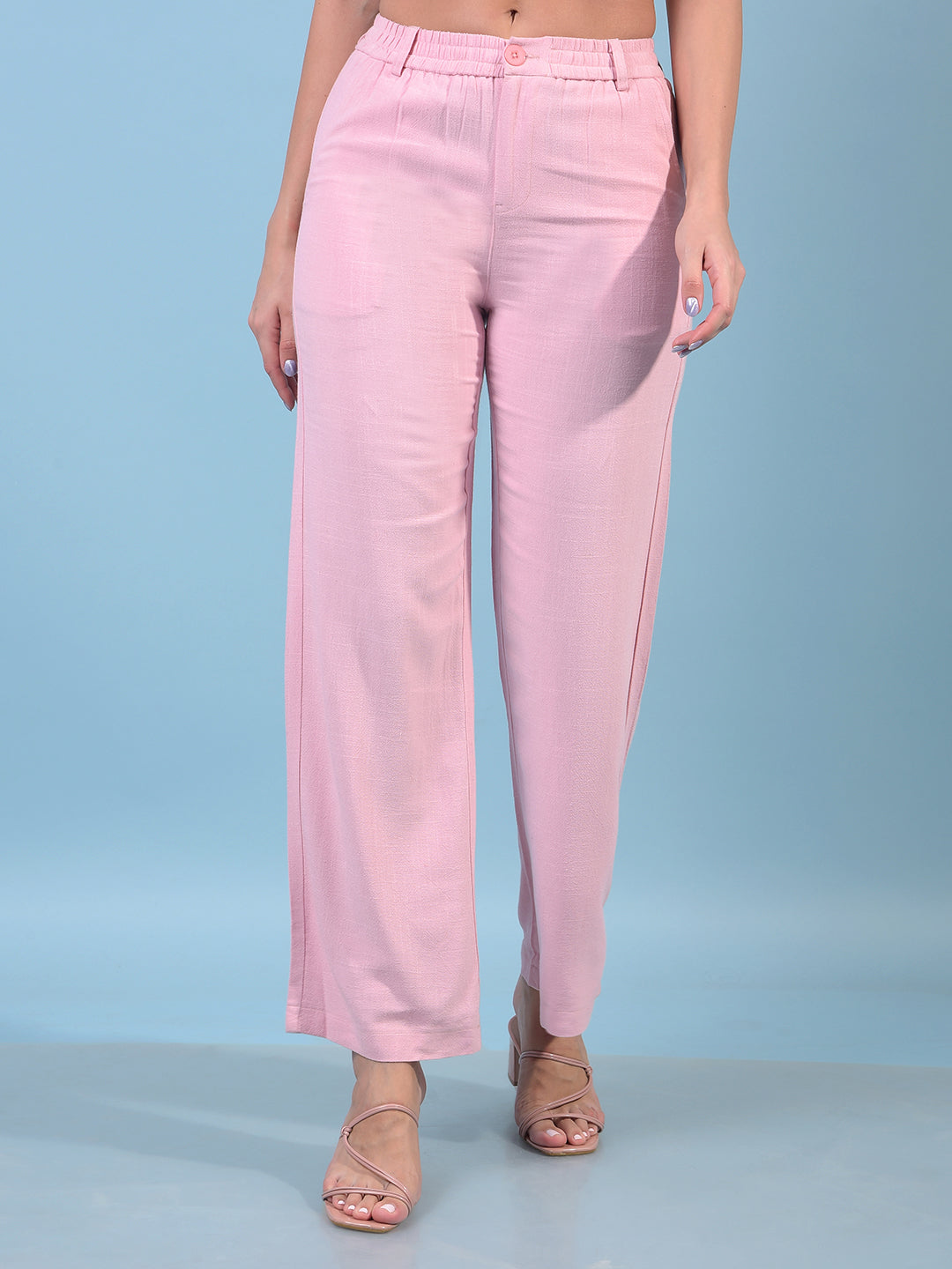 Women's Pink Linen Straight Trousers-Women Trousers-Crimsoune Club