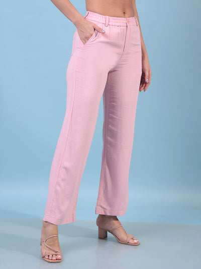 Women's Pink Linen Straight Trousers-Women Trousers-Crimsoune Club