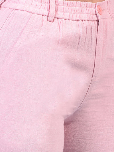 Women's Pink Linen Straight Trousers-Women Trousers-Crimsoune Club