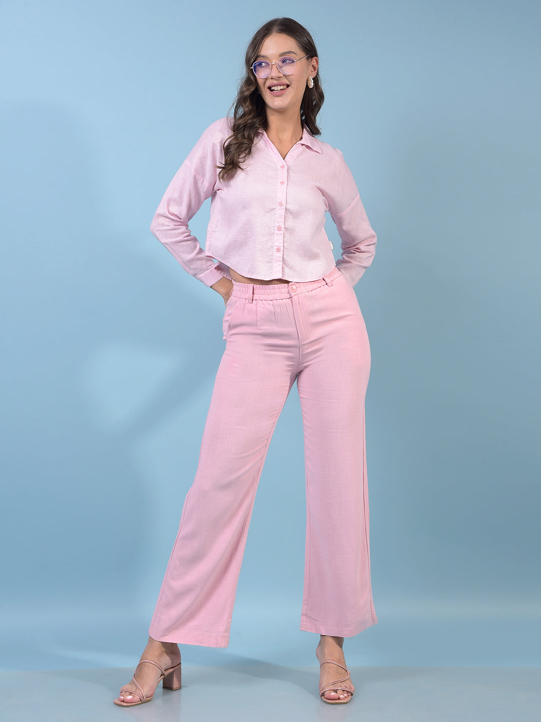 Women's Pink Linen Straight Trousers-Women Trousers-Crimsoune Club